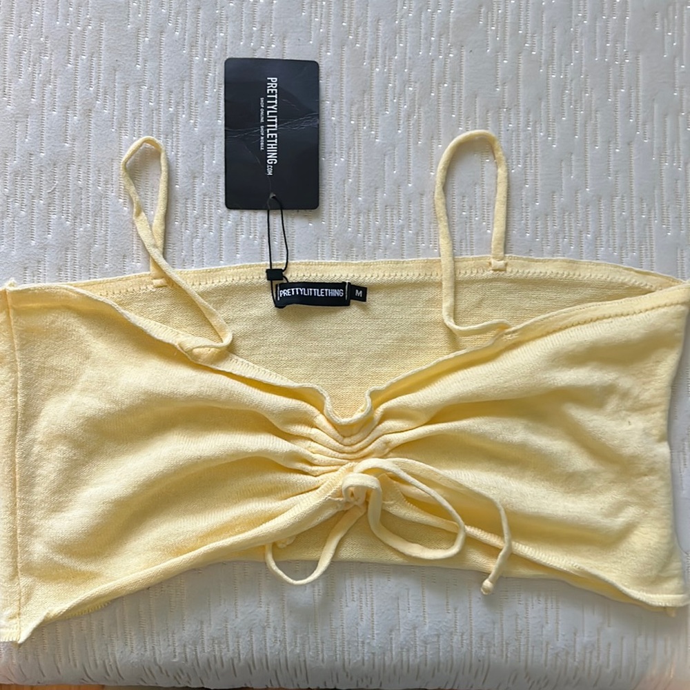 Prettylittlething Lemon Ruched Front Knitted Strappy Top